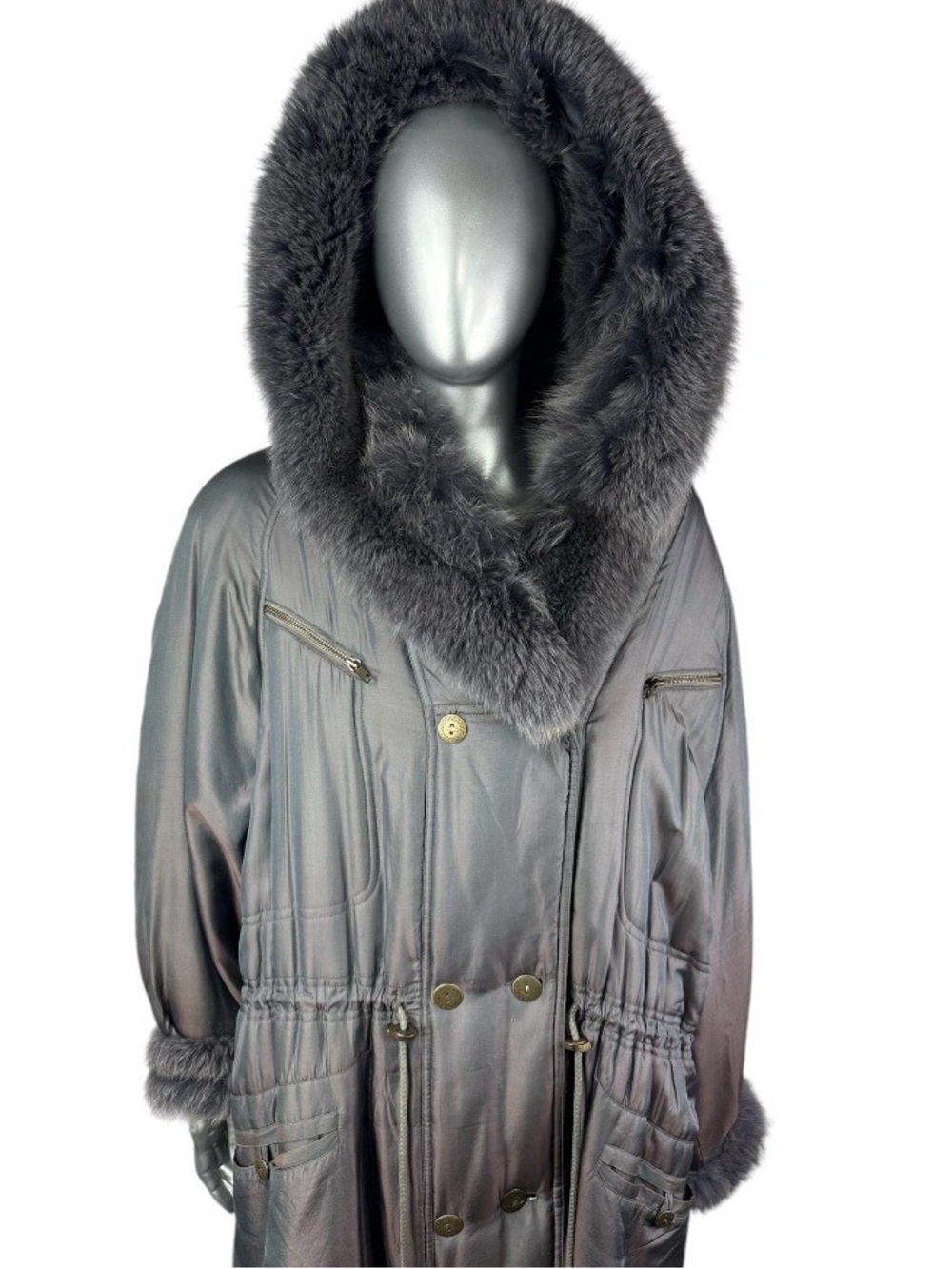 Gray Nylon Parka w/Gray Dyed FOX Hood and Cuffs, Size XXL, Certified Vintage Fur